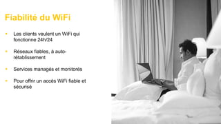 3636© 2017
Fiabilité du WiFi
 Les clients veulent un WiFi qui
fonctionne 24h/24
 Réseaux fiables, à auto-
rétablissement
 Services managés et monitorés
 Pour offrir un accès WiFi fiable et
sécurisé
 