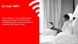 4040© 2017
Un bon WiFi
“le lien internet – une mauvaise bande
passante est dans 57% la source de
l’instatisfaction des clients concernant la
connexion WiFi dans un hôtel”
 