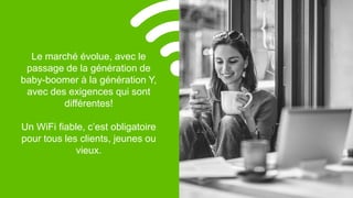 6
Le marché évolue, avec le
passage de la génération de
baby-boomer à la génération Y,
avec des exigences qui sont
différentes!
Un WiFi fiable, c’est obligatoire
pour tous les clients, jeunes ou
vieux.
 