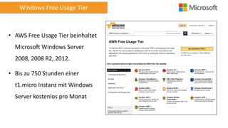 Windows Free Usage Tier

• AWS Free Usage Tier beinhaltet
Microsoft Windows Server
2008, 2008 R2, 2012.
• Bis zu 750 Stunden einer
t1.micro Instanz mit Windows

Server kostenlos pro Monat

 