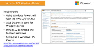 Amazon EC2 Windows Guide
Neuerungen:
• Using Windows Powershell
with the AWS SDK for .NET
• AWS Diagnostic tools for
Windows Server
• Install EC2 command line
tools on Windows
• Setting up a Windows HPC
Cluster
http://docs.amazonwebservices.com/AWSEC2
/latest/WindowsGuide/Welcome.html

 