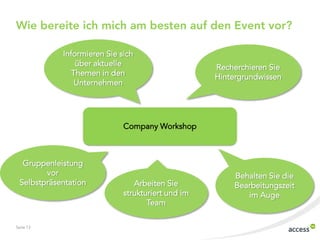 Wie bereite ich mich am besten auf den Event vor?
Informieren Sie sich
über aktuelle
Themen in den
Unternehmen

Recherchieren Sie
Hintergrundwissen

Company Workshop

Gruppenleistung
vor
Selbstpräsentation

Seite 13

Arbeiten Sie
strukturiert und im
Team

Behalten Sie die
Bearbeitungszeit
im Auge

 