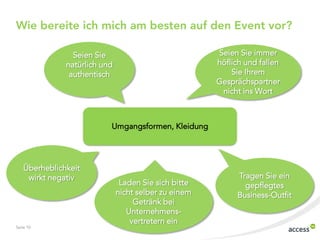 Seite 10
Wie bereite ich mich am besten auf den Event vor?
Seien Sie
natürlich und
authentisch
Seien Sie immer
höflich und fallen
Sie Ihrem
Gesprächspartner
nicht ins Wort
Überheblichkeit
wirkt negativ Tragen Sie ein
gepflegtes
Business-Outfit
Laden Sie sich bitte
nicht selber zu einem
Getränk bei
Unternehmens-
vertretern ein
Umgangsformen, Kleidung
 