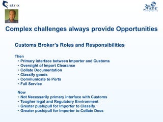 Complex challenges always provide Opportunities
Customs Broker’s Roles and Responsibilities
Then
• Primary interface between Importer and Customs
• Oversight of Import Clearance
• Collate Documentation
• Classify goods
• Communicate to Ports
• Full Service
Now
• Not Necessarily primary interface with Customs
• Tougher legal and Regulatory Environment
• Greater push/pull for Importer to Classify
• Greater push/pull for Importer to Collate Docs
 