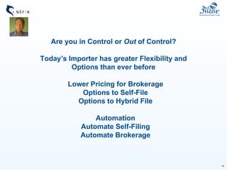 14
Are you in Control or Out of Control?
Today’s Importer has greater Flexibility and
Options than ever before
Lower Pricing for Brokerage
Options to Self-File
Options to Hybrid File
Automation
Automate Self-Filing
Automate Brokerage
 