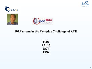 9
PGA’s remain the Complex Challenge of ACE
FDA
APHIS
DOT
EPA
 