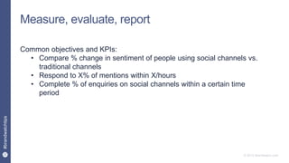 22
#brandwatchtips
© 2015 Brandwatch.com
Measure, evaluate, report
Common objectives and KPIs:
• Compare % change in sentiment of people using social channels vs.
traditional channels
• Respond to X% of mentions within X/hours
• Complete % of enquiries on social channels within a certain time
period
 