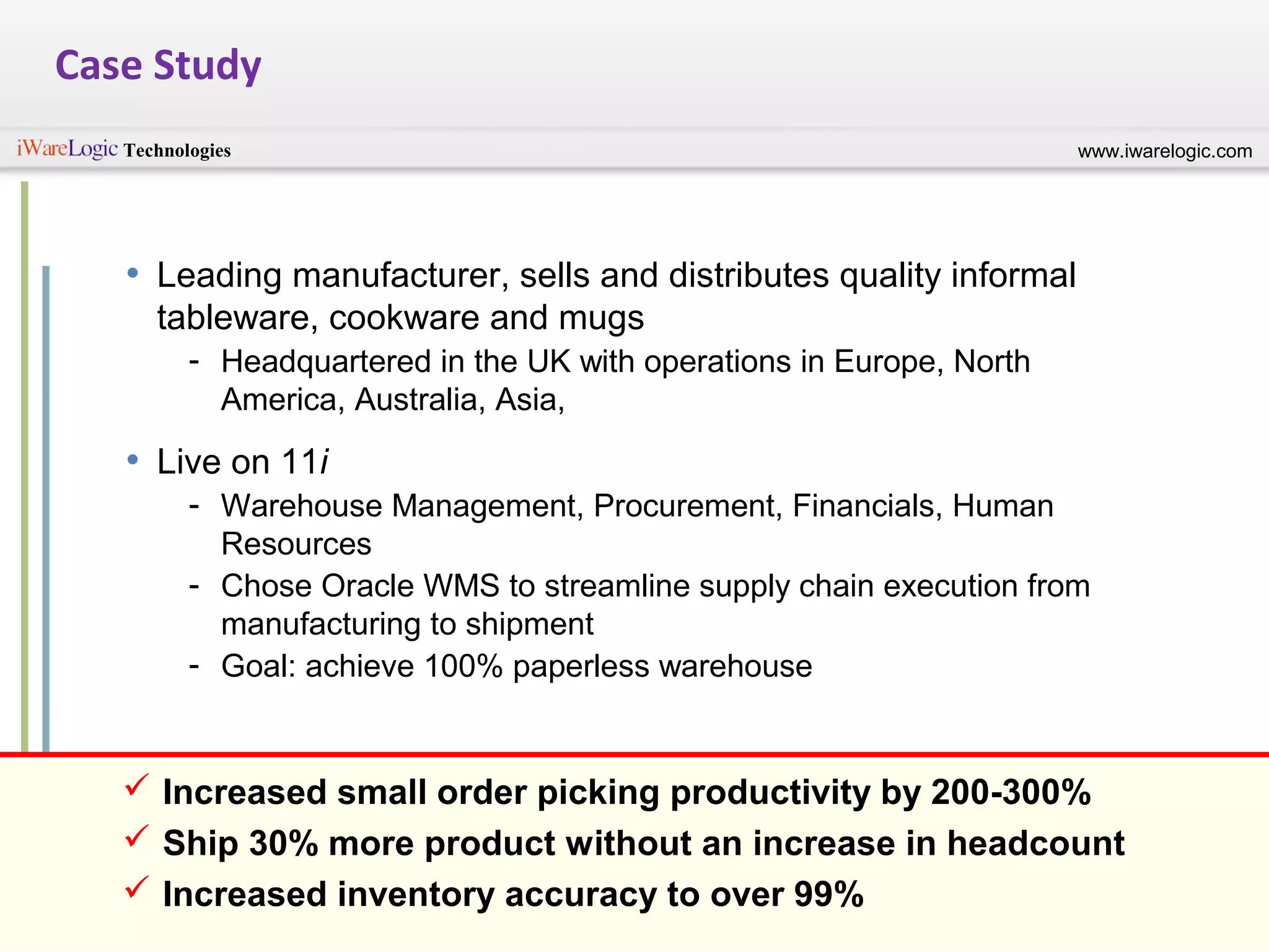 www.iwarelogic.comTechnologies
© Copyright 2014 iWare Logic Technologies Pvt. Ltd.
• Leading manufacturer, sells and distributes quality informal
tableware, cookware and mugs
- Headquartered in the UK with operations in Europe, North
America, Australia, Asia,
• Live on 11i
- Warehouse Management, Procurement, Financials, Human
Resources
- Chose Oracle WMS to streamline supply chain execution from
manufacturing to shipment
- Goal: achieve 100% paperless warehouse
 Increased small order picking productivity by 200-300%
 Ship 30% more product without an increase in headcount
 Increased inventory accuracy to over 99%
Case Study
 
