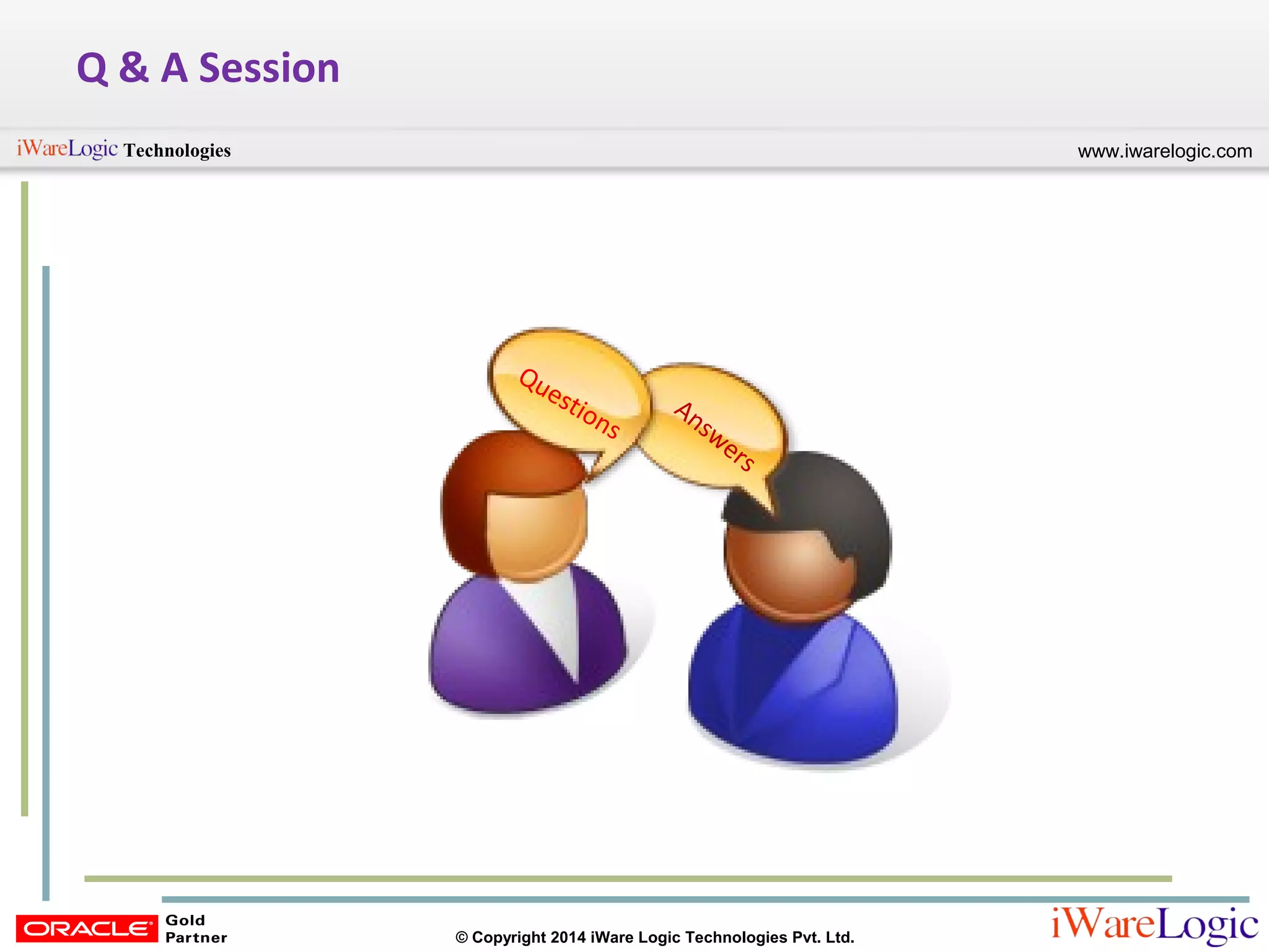 www.iwarelogic.comTechnologies
© Copyright 2014 iWare Logic Technologies Pvt. Ltd.
Q & A Session
Questions
Answers
 