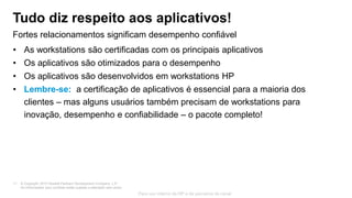 © Copyright 2013 Hewlett-Packard Development Company, L.P.
As informações aqui contidas estão sujeitas a alteração sem aviso.
11
Para uso interno da HP e de parceiros de canal
• As workstations são certificadas com os principais aplicativos
• Os aplicativos são otimizados para o desempenho
• Os aplicativos são desenvolvidos em workstations HP
• Lembre-se: a certificação de aplicativos é essencial para a maioria dos
clientes – mas alguns usuários também precisam de workstations para
inovação, desempenho e confiabilidade – o pacote completo!
Fortes relacionamentos significam desempenho confiável
Tudo diz respeito aos aplicativos!
 