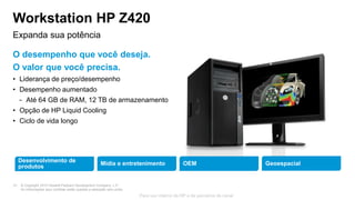 © Copyright 2013 Hewlett-Packard Development Company, L.P.
As informações aqui contidas estão sujeitas a alteração sem aviso.
21
Para uso interno da HP e de parceiros de canal
Workstation HP Z420
© Copyright 2013 Hewlett-Packard Development Company, L.P.
As informações aqui contidas estão sujeitas a alteração sem aviso.
21
Expanda sua potência
O desempenho que você deseja.
O valor que você precisa.
• Liderança de preço/desempenho
• Desempenho aumentado
− Até 64 GB de RAM, 12 TB de armazenamento
• Opção de HP Liquid Cooling
• Ciclo de vida longo
21
Desenvolvimento de
produtos
Mídia e entretenimento OEM Geoespacial
 