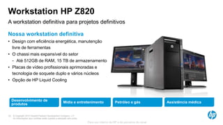© Copyright 2013 Hewlett-Packard Development Company, L.P.
As informações aqui contidas estão sujeitas a alteração sem aviso.
23
Para uso interno da HP e de parceiros de canal
Workstation HP Z820
© Copyright 2013 Hewlett-Packard Development Company, L.P.
As informações aqui contidas estão sujeitas a alteração sem aviso.
23
A workstation definitiva para projetos definitivos
Nossa workstation definitiva
• Design com eficiência energética, manutenção
livre de ferramentas
• O chassi mais expansível do setor
− Até 512GB de RAM, 15 TB de armazenamento
• Placas de vídeo profissionais aprimoradas e
tecnologia de soquete duplo e vários núcleos
• Opção de HP Liquid Cooling
Desenvolvimento de
produtos
Mídia e entretenimento Petróleo e gás Assistência médica
 