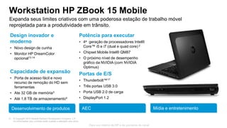 © Copyright 2013 Hewlett-Packard Development Company, L.P.
As informações aqui contidas estão sujeitas a alteração sem aviso.
31
Para uso interno da HP e de parceiros de canal
Workstation HP ZBook 15 Mobile
Expanda seus limites criativos com uma poderosa estação de trabalho móvel
reprojetada para a produtividade em trânsito.
Mídia e entretenimentoDesenvolvimento de produtos AEC
Design inovador e
moderno
• Novo design de cunha
• Monitor HP DreamColor
opcional13,14
Capacidade de expansão
• Porta de acesso fácil e novo
recurso de remoção do HD sem
ferramentas
• Ate 32 GB de memória3
• Até 1,8 TB de armazenamento4
Potência para executar
• 4a geração de processadores Intel®
Core™ i5 e i7 (dual e quad core) 2
• Chipset Mobile Intel® QM87
• O próximo nível de desempenho
gráfico da NVIDIA (com NVIDIA
Optimus)
Portas de E/S
• Thunderbolt™17
• Três portas USB 3.0
• Porta USB 2.0 de carga
• DisplayPort 1.2
 
