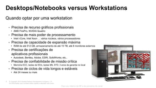 © Copyright 2013 Hewlett-Packard Development Company, L.P.
As informações aqui contidas estão sujeitas a alteração sem aviso.
8
Para uso interno da HP e de parceiros de canal
Desktops/Notebooks versus Workstations
Quando optar por uma workstation
− Precisa de recurso gráficos profissionais
• AMD FirePro, NVIDIA Quadro
− Precisa de mais poder de processamento
• Intel i-Core, Intel Xeon … vários núcleos, vários processadores
− Precisa de capacidade de expansão máxima
• RAM de até 512 GB, armazenamento de até 15 TB, até 8 monitores externos
− Precisa de certificações de
aplicativos profissionais
• Autodesk, Bentley, Adobe, ESRI, SolidWorks, etc..
− Precisa de confiabilidade de missão crítica
• Memória ECC, testes de ISVs, testes MIL STD, 3 anos de garantia no local
− Precisa de ciclos de vida longos e estáveis
• Até 24 meses ou mais
 