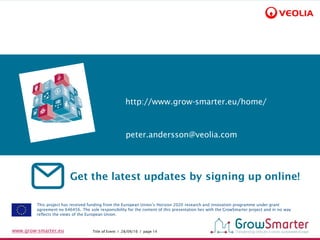 Title of Event I 28/09/16 I page 14www.grow-smarter.eu
Get the latest updates by signing up online!
This project has received funding from the European Union’s Horizon 2020 research and innovation programme under grant
agreement no 646456. The sole responsibility for the content of this presentation lies with the GrowSmarter project and in no way
reflects the views of the European Union.
http://www.grow-smarter.eu/home/
peter.andersson@veolia.com
 