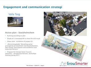 Title of Event I 28/09/16 I page 6www.grow-smarter.eu
Engagement and communication strategi
Valla Torg
Action plan - Stockholmshem
- Running according to plan
- Disply of 2 renovated AP to show the end result
- Show room - exhibition of project GS
- „Återvinningskalas“ (Recycling party)
arranged by GS Stockholm and Stockholmshem.
Flee market. Participation and exhibition from
Industrial Partners
- Program for Climate Smart Tenants
Voluntary – introduction/lections, workshops
Starting spring 2017
 