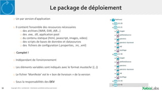 30 Copyright 2014. Confidential – Distribution prohibited without permission
Le package de déploiement
o Un par version d’application
o Il contient l’ensemble des ressources nécessaires
o des archives (WAR, EAR, JAR…)
o des .exe, .dll, application pool
o du contenu statique (html, javascript, images, video)
o des scripts de bases de données et datasources
o des fichiers de configuration (.properties, .ini, .xml)
o Complet !
o Indépendant de l’environnement
o Les éléments variables sont indiqués avec le format mustache {{..}}
o Le fichier ‘Manifeste’ est le « bon de livraison » de la version
o Sous la responsabilités des DEV
 