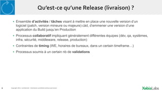 8 Copyright 2014. Confidential – Distribution prohibited without permission
Qu’est-ce qu’une Release (livraison) ?
▪ Ensemble d’activités / tâches visant à mettre en place une nouvelle version d’un
logiciel (patch, version mineure ou majeure) càd, d’emmener une version d’une
application du Build jusqu’en Production
▪ Processus collaboratif impliquant généralement différentes équipes (dév, qa, systèmes,
infra, sécurité, middleware, release, production)
▪ Contraintes de timing (WE, horaires de bureaux, dans un certain timeframe…)
▪ Processus soumis à un certain nb de validations
 