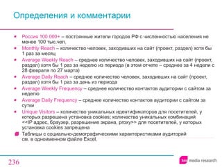Определения   и комментарии Россия 100 000+  –   постоянные жители городов РФ с численностью населения не менее 100 тыс.чел. Monthly Reach  –  количество человек, заходивших на сайт (проект, раздел) хотя бы 1 раз за месяц Average Weekly Reach  –  среднее количество человек, заходивших на сайт (проект, раздел) хотя бы 1 раз за неделю из периода (в этом отчете – среднее за  4  недели с  2 8   февраля по 27 марта) Average Daily Reach  –  среднее количество человек, заходивших на сайт (проект, раздел) хотя бы 1 раз за день из периода Average Weekly Frequency  –  среднее количество контактов аудитории с сайтом за неделю Average Daily Frequency  –  среднее количество контактов аудитории с сайтом за сутки Unique Visitors  –  количество уникальных идентификаторов   для посетителей, у которых разрешена установка cookies ;  количество уникальных комбинаций   << IP адрес, браузер, разрешение экрана, proxy >>  для посетителей, у которых установка cookies запрещена  Таблицы с социально-демографическими характеристиками аудиторий  см. в одноименном файле  Excel . 