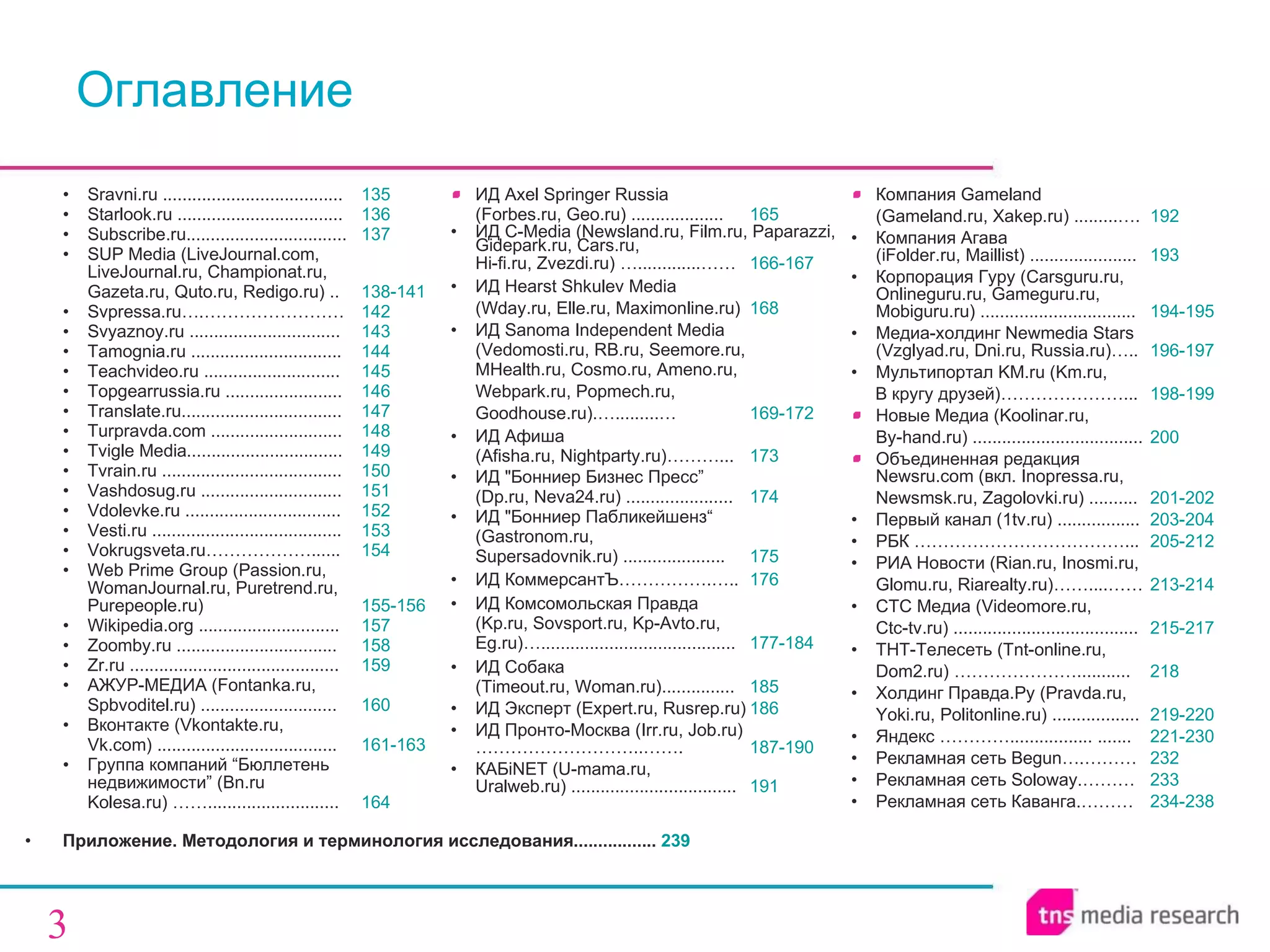 Приложение. Методология и терминология исследования.... .. ... . ... ....   239 Sravni.ru ..................................... 135 Starlook.ru .................................. 136 Subscribe . ru .. . ... ......... .................. 137 SUP Media (LiveJournal.com,  LiveJournal.ru, Championat.ru,  Gazeta.ru, Quto.ru, Redigo.ru) .. 138-141 Svpressa.ru….…………………… 142 Svyaznoy.ru ............................... 143 Tamognia.ru ............................ . .. 144 Teachvideo.ru ............................ 145 Topgearrussia.ru ........................ 146 Translate.ru ................................. 147 Turpravda.com ........................... 148 Tvigle Media ................................ 149 Tvrain.ru  ..................................... 150 Vashdosug.ru ............................. 151 Vdolevke.ru ................................ 152 Vesti.ru  ....................................... 153 Vokrugsveta.ru………………..... . 154 Web Prime Group (Passion.ru, WomanJournal.ru ,  Puretrend.ru ,  Purepeople.ru)  155-156 W ikipedia.org   ............................. 157 Zoomby.ru ................................. 158 Zr.ru ........................................... 159 АЖУР-МЕДИА (Fontanka.ru,  Spbvoditel.ru) ............................ 160 Вконтакте (Vkontakte.ru,  Vk.com)  ..................................... 161-163 Групп а  компаний “Бюллетень недвижимости”  ( Bn.ru Kolesa.ru) …….. .............. ........... 164 ИД Axel Springer Russia  (Forbes.ru, Geo.ru) ................... 165 ИД C -M edia (Newsland.ru,  Film.ru,  Paparazz i,  Gidepark.ru ,  Cars.ru ,  Hi-fi.ru ,  Zvezdi.ru) … ............. …… 166-167   ИД  Hearst Shkulev Media   ( Wday.ru,   Elle.ru ,  Maximonline . ru) 168 ИД  Sanoma Independent Media  (Vedomosti.ru, RB.ru, Seemore.ru ,  MHealth.ru, Cosmo.ru, Ameno.ru,  Webpark.ru, Popmech.ru,  Goodhouse.ru).….........… 169-172 ИД Афиша  (Afisha.ru, Nightparty.ru)………... 173 ИД &quot;Бонниер Бизнес Пресс ” (Dp.ru, Neva24.ru) ...................... 174 ИД &quot;Бонниер Пабликейшенз“  (Gastronom.ru,  Supersadovnik.ru) ..................... 175 ИД КоммерсантЪ …………….….. 176 ИД Комсомольская Правда  ( Kp.ru, Sovsport.ru,   Kp-Avto.ru,  Eg.ru ) … ........................................ 177-184   ИД   Собака   (Timeout.ru, Woman.ru)............... 185 ИД Эксперт ( Expert.ru, Rusrep.ru) 186 ИД Пронто-Москва ( Irr.ru, Job.ru)………………………..……. 187-190 КАБiNET (U-mama.ru,  Uralweb.ru) .................................. 191 Компания  Gameland  (Gameland.ru ,  Xakep.ru) .........…. 192 Компания   Агава   (iFolder.ru, Maillist) ...................... 193 Корпорация Гуру (Carsguru.ru,  Online guru.ru ,  Gameguru.ru,  Mobiguru.ru)  ................................ 194-195 Медиа-холдинг  Newmedia Stars   (Vzglyad.ru, Dni.ru, Russia.ru) …..   196-197 Мультипортал KM.ru   ( Km .ru,  В кругу друзей) …………………... 198-199 Новые Медиа (Koolinar.ru,  By-hand.ru) ................................... 200 Объединенная редакция  Newsru . com  (вкл.  Inopressa.ru ,  Newsmsk.ru, Zagolovki.ru) .......... 201-202 Первый канал  (1tv.ru) ................. 203-204 РБК  ………………………………... 205-212 РИА Новости  (Rian.ru, Inosmi.ru,  Glomu.ru, Riarealty.ru)……....…… 213-214 СТС Медиа  ( Videomore.ru ,   Ctc-tv.ru ) ...................................... 215-217 ТНТ - Телесеть ( Tnt-online.ru ,  Dom2.ru )  … ……………… ........... 218 Холдинг Правда.Ру (Pravda.ru, Yoki.ru ,  Politonline.ru) .................. 219-220 Яндекс  ………….. ......... . .....  ....... 221-230 Рекламная сеть  Begun… .……… 232 Рекламная сеть Soloway.……… 233 Рекламная сеть Каванга.……… 234-238 Оглавление 