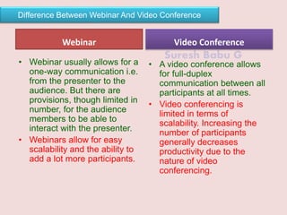 Suresh Babu G
Difference Between Webinar And Video Conference
Webinar
• Webinar usually allows for a
one-way communication...