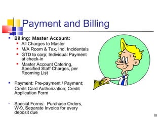10
Payment and Billing
 Billing: Master Account:
 All Charges to Master
 M/A Room & Tax, Ind. Incidentals
 GTD to corp; Individual Payment
at check-in
 Master Account Catering,
Specified Staff Charges, per
Rooming List
 Payment: Pre-payment / Payment;
Credit Card Authorization; Credit
Application Form
 Special Forms: Purchase Orders,
W-9, Separate Invoice for every
deposit due
 