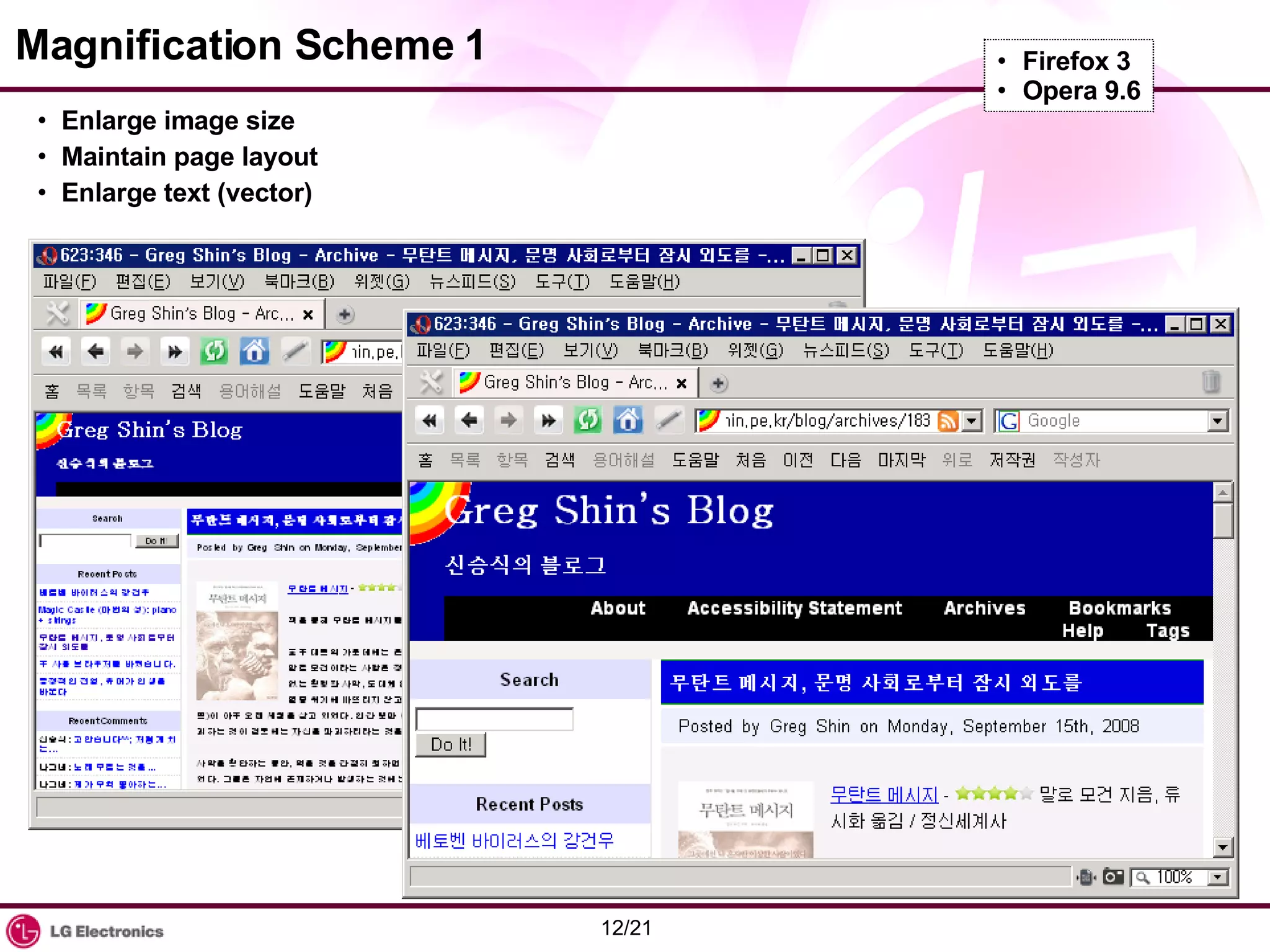 Magnification Scheme 1 Enlarge image size Maintain page layout Enlarge text (vector) Firefox 3 Opera 9.6 