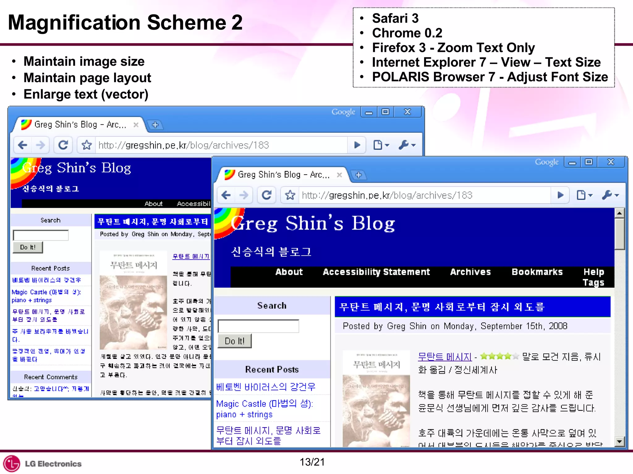 Magnification Scheme 2 Maintain image size Maintain page layout Enlarge text (vector) Safari 3 Chrome 0.2 Firefox 3 - Zoom Text Only Internet Explorer 7 – View – Text Size POLARIS Browser 7 - Adjust Font Size 