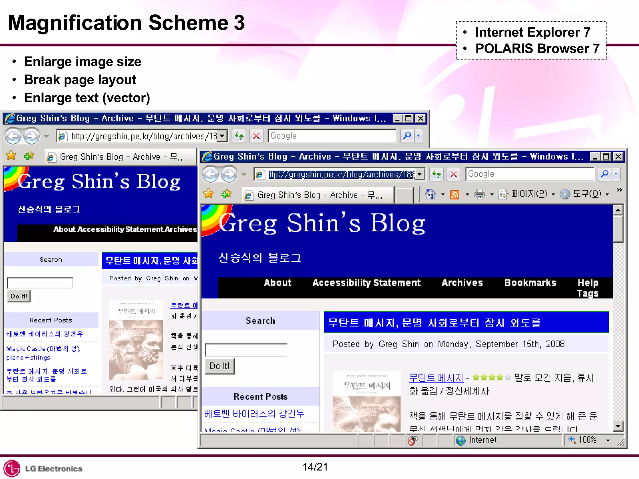 Magnification Scheme 3 Enlarge image size Break page layout Enlarge text (vector) Internet Explorer 7 POLARIS Browser 7 