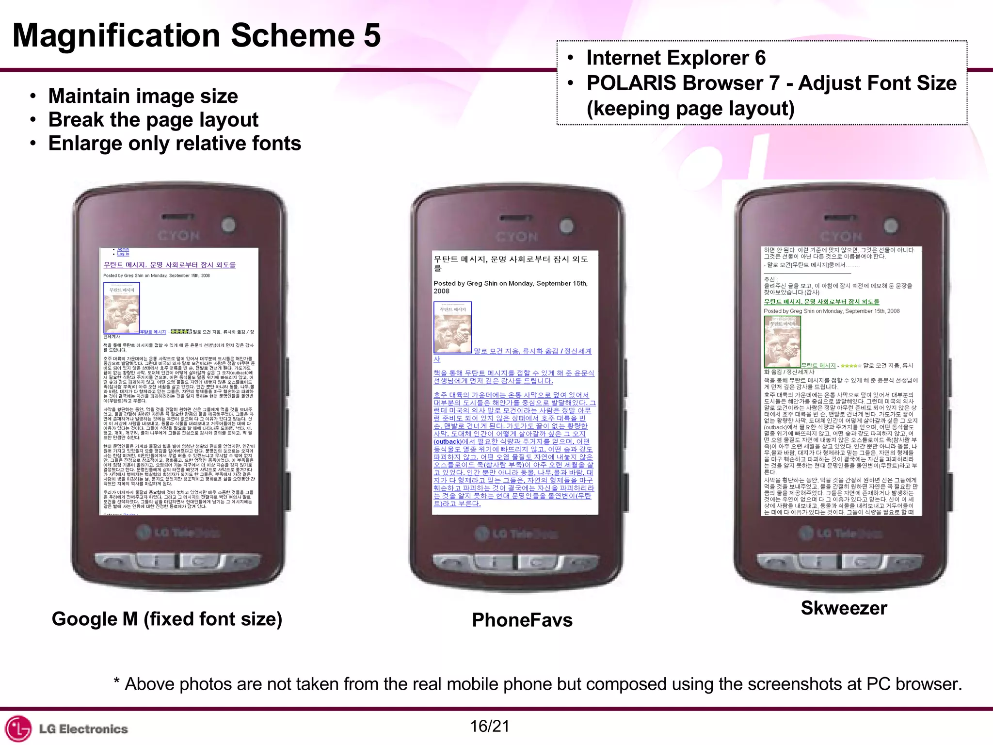 Magnification Scheme 5 Maintain image size Break the page layout Enlarge only relative fonts Internet Explorer 6 POLARIS Browser 7 - Adjust Font Size (keeping page layout) Google M (fixed font size) PhoneFavs Skweezer * Above photos are not taken from the real mobile phone but composed using the screenshots at PC browser. 