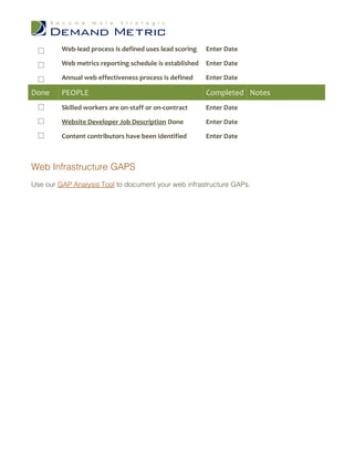 Web-lead process is defined uses lead scoring   Enter Date

         Web metrics reporting schedule is established   Enter Date

         Annual web effectiveness process is defined     Enter Date

Done     PEOPLE                                          Completed Notes
         Skilled workers are on-staff or on-contract     Enter Date

         Website Developer Job Description Done          Enter Date

         Content contributors have been identified       Enter Date



Web Infrastructure GAPS
Use our GAP Analysis Tool to document your web infrastructure GAPs.
 