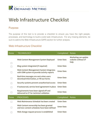 Web Infrastructure Checklist
Purpose

The purpose of this tool is to provide a checklist to ensure you have the right people,
processes, and technology to build a solid web infrastructure. For any missing elements, be
sure to add to the Web Infrastructure GAPS section for further analysis.


Web Infrastructure Checklist

Done      TECHNOLOGY                                    Completed Notes
                                                                      Marketing can update
         Web Content Management System Deployed         Enter Date    website without I/T
                                                                      help

         Blog system integrated (if required)           Enter Date

         Web Content Management System integrates
                                                        Enter Date
         with CRM system to provide activity reports

         Real-time messages are sent when users
                                                        Enter Date
         download information, or fill out forms

         Security systems prevent unauthorized access   Enter Date

         If outsourced, service level agreement in place Enter Date

         Requirements have been signed-off and
                                                        Enter Date
         delivered to I/T for technical validation

Done     PROCESSES                                      Completed Notes
         Web Maintenance Schedule has been created      Enter Date

         Web Content ownership has been granted
                                                        Enter Date
         and new content schedules have been defined

         Web change request process is established      Enter Date
 