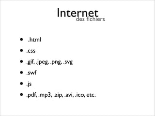 Internet
                     des ﬁchiers


• .html
• .css
• .gif, .jpeg, .png, .svg
• .swf
• .js
• .pdf, .mp3, .zip, .avi, .ico, etc.
 
