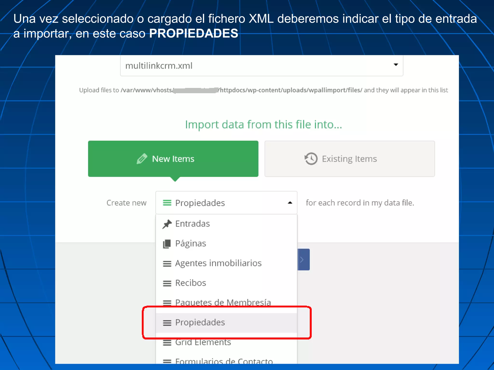 Una vez seleccionado o cargado el fichero XML deberemos indicar el tipo de entrada
a importar, en este caso PROPIEDADES
 