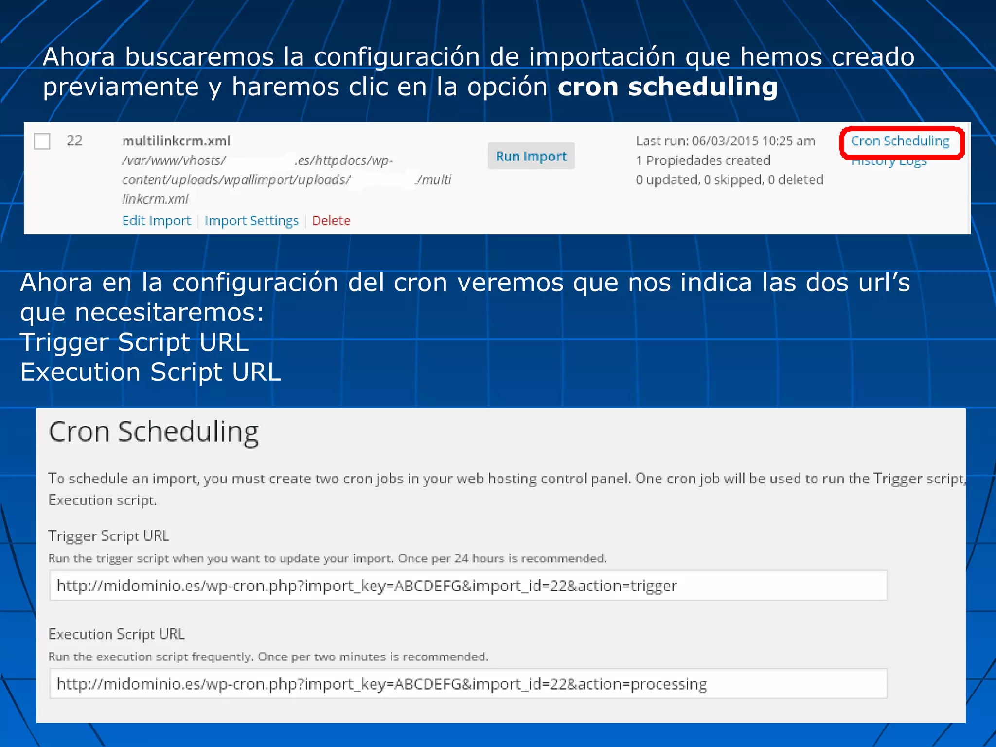Ahora buscaremos la configuración de importación que hemos creado
previamente y haremos clic en la opción cron scheduling
Ahora en la configuración del cron veremos que nos indica las dos url’s
que necesitaremos:
Trigger Script URL
Execution Script URL
 