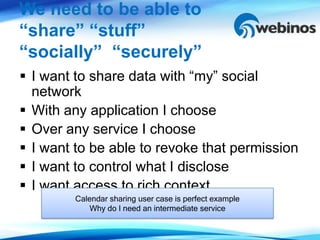 We need to be able to
“share” “stuff”
“socially” “securely”
 I want to share data with “my” social
  network
 With any application I choose
 Over any service I choose
 I want to be able to revoke that permission
 I want to control what I disclose
 I want access to rich context
        Calendar sharing user case is perfect example
            Why do I need an intermediate service
 