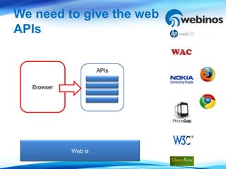 We need to give the web
APIs


                     APIs

  Browser




            Web is
 