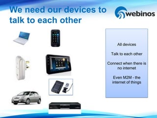 We need our devices to
talk to each other

                              All devices

                           Talk to each other

                         Connect when there is
                             no internet

                            Even M2M – the
                           internet of things
 