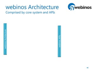 44
webinos Architecture
Supporting a Personal Zone Concept
PZH Personal Zone Hub
• Single sign on / Auth
• Sync across dev...