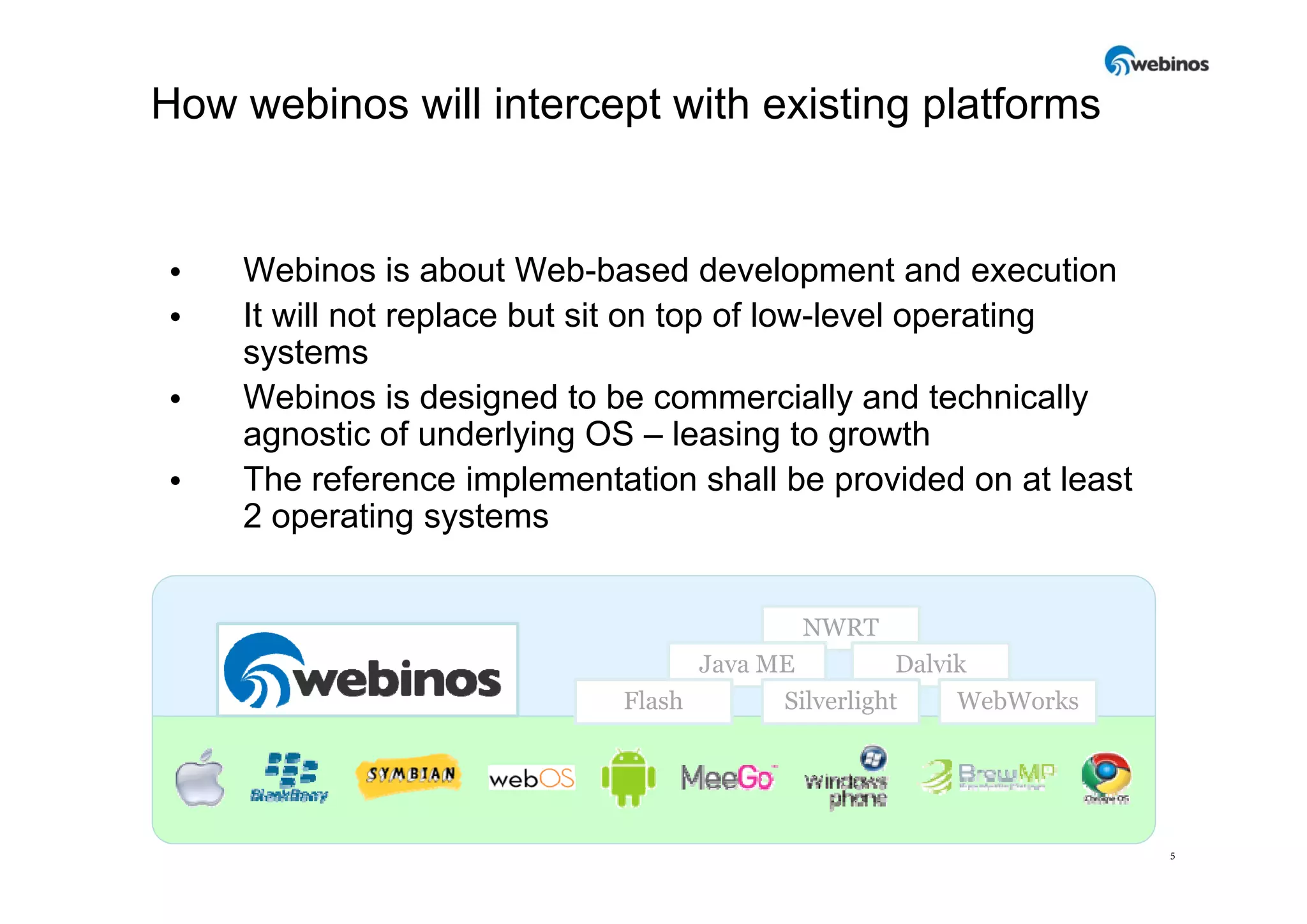 How webinos will intercept with existing platforms


•   Webinos is about Web-based development and execution
•   It will not replace but sit on top of low-level operating
    systems
•   Webinos is designed to be commercially and technically
    agnostic of underlying OS – leasing to growth
•   The reference implementation shall be provided on at least
    2 operating systems


                                          NWRT
                                  Java ME          Dalvik
                            Flash       Silverlight     WebWorks




                                                                   5
 
