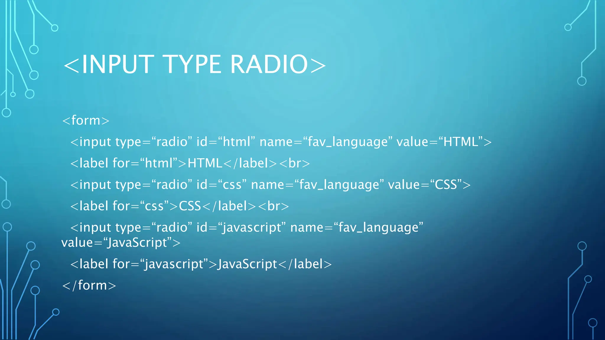 <INPUT TYPE RADIO>
<form>
<input type=“radio” id=“html” name=“fav_language” value=“HTML”>
<label for=“html”>HTML</label><br>
<input type=“radio” id=“css” name=“fav_language” value=“CSS”>
<label for=“css”>CSS</label><br>
<input type=“radio” id=“javascript” name=“fav_language”
value=“JavaScript”>
<label for=“javascript”>JavaScript</label>
</form>
 