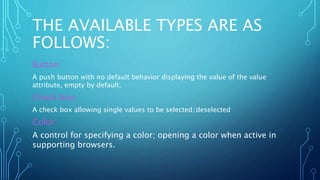 THE AVAILABLE TYPES ARE AS
FOLLOWS:
Button:
A push button with no default behavior displaying the value of the value
attribute, empty by default.
Check box:
A check box allowing single values to be selected/deselected
Color:
A control for specifying a color; opening a color when active in
supporting browsers.
 