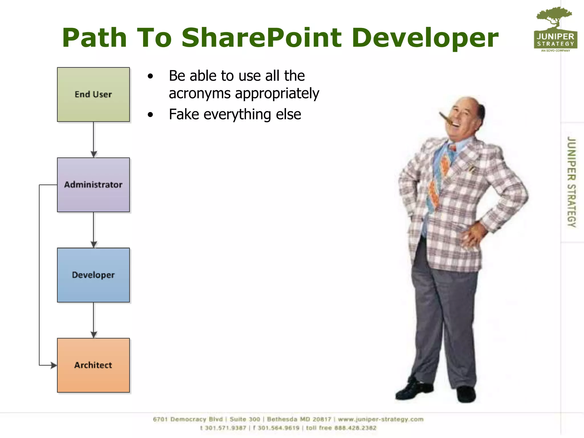 Path To SharePoint Developer
     •   Be able to use all the
         acronyms appropriately
     •   Fake everything else
 