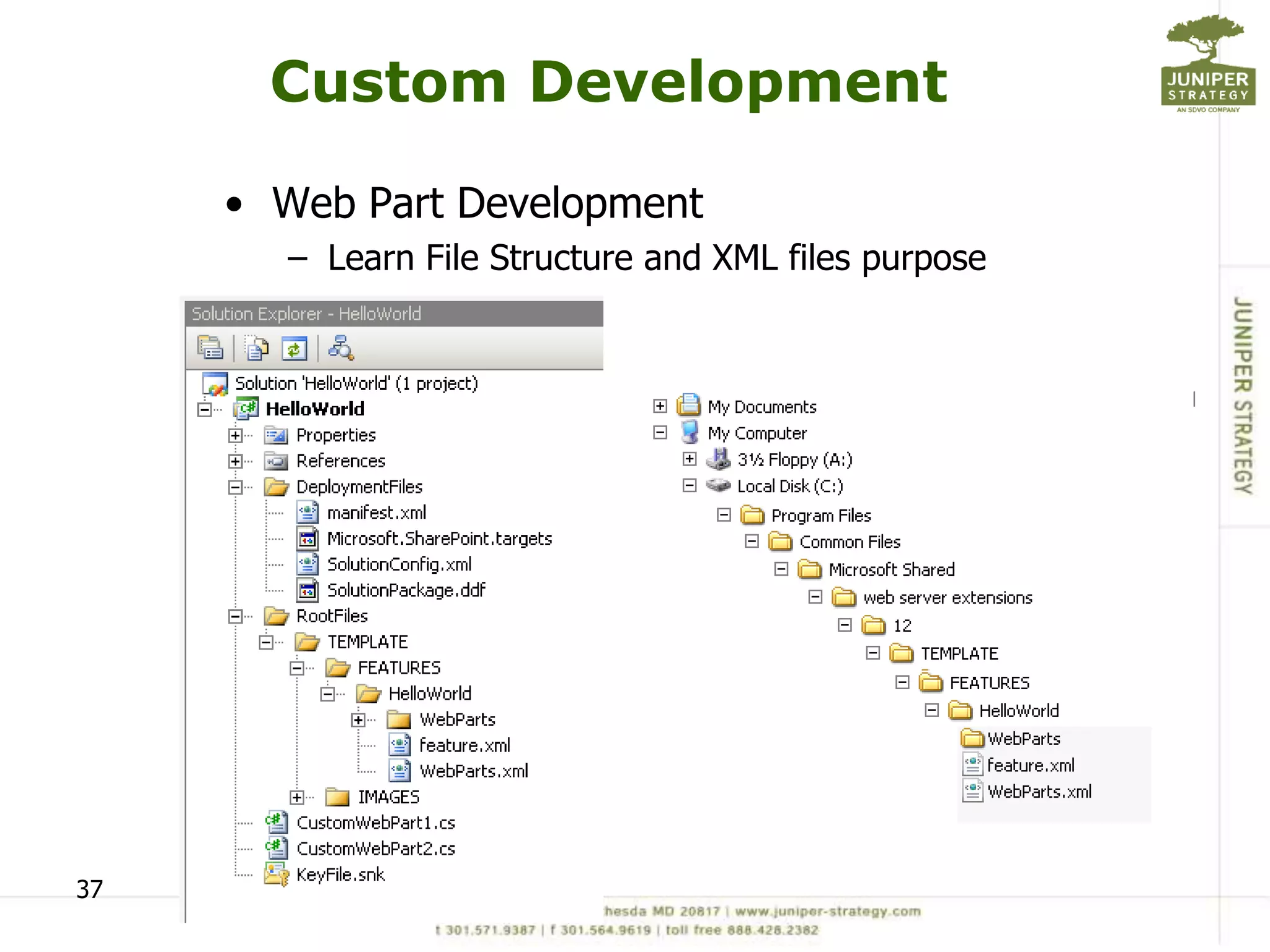 Custom Development

     • Web Part Development
       – Learn File Structure and XML files purpose




37
 