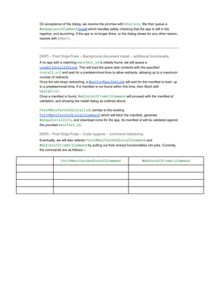On acceptance of the dialog, we resolve the promise with kSuccess. We then queue a
WebAppLaunchCommand [code] which handles safely checking that the app is still in the
registrar, and launching. If the app is no longer there, or the dialog closes for any other reason,
resolve with kAbort.
[WIP] – Post OriginTrials – Background document install – additional functionality
If no app with a matching manifest_id is initially found, we will queue a
LoadUrlUntilIdleJob. This will load the spare web contents with the specified
install_url and wait for a predetermined time to allow redirects, allowing up to a maximum
number of redirects.
Once the site stops redirecting, a WaitForManifestJob will wait for the manifest to load, up
to a predetermined time. If a manifest is not found within this time, then Abort with
kDataError.
Once a manifest is found, WebInstallFromUrlCommand will proceed with the manifest id
validation, and showing the install dialog as outlined above.
FetchManifestAndInstallJob (similar to the existing
FetchManifestAndInstallCommand) which will fetch the manifest, generate
WebAppInstallInfo, and download icons for the app. Its manifest id will be validated against
the provided manifest_id.
[WIP] – Post OriginTrials – Code hygiene – command refactoring
Eventually, we will also refactor FetchManifestAndInstallCommand and
WebInstallFromUrlCommand by pulling out their shared functionalities into jobs. Currently,
the commands are as follows –
FetchManifestAndInstallCommand WebInstallFromUrlCommand
 