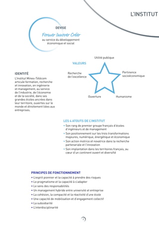 2
L’INSTITUT
DEVISE
Former Innover Créer
au service du développement
économique et social
IDENTITÉ
L’Institut Mines-Télécom
articule formation, recherche
et innovation, en ingénierie
et management, au service
de l’industrie, de l’économie
et de la société, dans ses
grandes écoles ancrées dans
leur territoire, ouvertes sur le
monde et étroitement liées aux
entreprises.
LES 4 ATOUTS DE L’INSTITUT
• Son rang de premier groupe français d’écoles
d’ingénieurs et de management
• Son positionnement sur les trois transformations
majeures, numérique, énergétique et économique
• Son action motrice et novatrice dans la recherche
partenariale et l’innovation
• Son implantation dans les territoires français, au
cœur d’un continent ouvert et diversifié
PRINCIPES DE FONCTIONNEMENT
• L’esprit pionnier et la capacité à prendre des risques
• Le pragmatisme et la capacité à s’adapter
• Le sens des responsabilités
• Un management hybride entre université et entreprise
• La cohésion, la compacité et la réactivité d’une école
• Une capacité de mobilisation et d’engagement collectif
• La subsidiarité
• L’interdisciplinarité
VALEURS
Utilité publique
Pertinence
socioéconomique
Humanisme
Recherche
de l’excellence
Ouverture
 