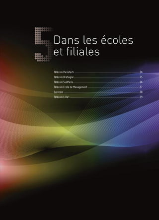 Dans les écoles
et filiales
Télécom ParisTech ...........................................................................................54
Télécom Bretagne............................................................................................55
Télécom SudParis.............................................................................................56
Télécom Ecole de Management.........................................................................57
Eurecom ..........................................................................................................58
Télécom Lille1 .................................................................................................59
 