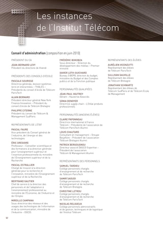 Les instances
                             de l’Institut Télécom


     PRÉSIDENT DU CA                              FRÉDÉRIC BOKOBZA                             REPRÉSENTANTS DES ÉLÈVES
                                                  Sous-directeur - Direction du
     JEAN-BERNARD LEVY                            développement des médias – Premier           AURÉLIEN VICENZUTTI
     Président du directoire de Vivendi           ministre                                     Représentant des élèves
                                                                                               de Télécom ParisTech
                                                  XAVIER LOTH-GUICHARD
     PRÉSIDENTS DES CONSEILS D’ÉCOLE              Bureau 3 BEPII, direction du budget,         SULLIVAN GAUVILLE
                                                  ministère du Budget et des Comptes           Représentant des élèves
     PASCALE SOURISSE                             publics et de la Fonction publique           de Télécom Bretagne
     Directrice générale, division systèmes
                                                                                               JONATHAN SCHWARTZ
     terre et interarmées – THALES –
                                                  PERSONNALITÉS QUALIFIÉES                     Représentant des élèves de
     Présidente du conseil d’école de Télécom                                                  Télécom SudParis et de Télécom Ecole
     ParisTech                                    JEAN-PAUL VAUTREY                            de Management
     ALAIN BERNARD                                Gérant – Hauterive Associés
     Président directeur général New York         SONIA DENOYER
     Finance Innovation – Président du            Directrice supply chain – L’Oréal produits
     conseil d’école de Télécom Bretagne          professionnels
     PHILIPPE CITERNE
     Président du conseil de Télécom &
                                                  PERSONNALITÉS (ANCIENS ÉLÈVES)
     Management SudParis
                                                  CLAIRE PAPONNEAU
                                                  Directrice international à France
     REPRÉSENTANTS DE L’ÉTAT                      Télécom – Présidente de l’association de
                                                  Télécom ParisTech Alumni
     PASCAL FAURE
     Conseil d’administration (composition en juin 2010)




     Vice-président du Conseil général de         LOUIS CHAUTARD
     l’industrie, de l’énergie et des             Consultant en management – Groupe
     technologies                                 Beijaflore – Président de l’association
                                                  Télécom Bretagne Alumni
     ÉRIC GREGOIRE
     Professeur – Conseiller scientifique et      PATRICK BERGOUGNOU
                                                  Directeur associé DASCO Expertise –
     des formations à la direction générale
                                                  Président de l’association
     pour l’enseignement supérieur et
                                                  Télécom & Management Alumni
     l’insertion professionnelle du ministère
     de l’Enseignement supérieur et de la
     Recherche                                    REPRÉSENTANTS DES PERSONNELS
     PASCAL ESTRALLIER                            SAMUEL TARDIEU
     Chargé de mission à la direction             Collège personnels chargés
     générale pour la recherche et                d’enseignement et de recherche
     l’innovation, ministère de l’Enseignement    de Télécom ParisTech
     supérieur et de la Recherche
                                                  SAMIR SAOUDI
     BERTRAND GAUTIER                             Collège personnels chargés
     Chef de service à la direction des           d’enseignement et de recherche
     personnels et de l’adaptation à              de Télécom Bretagne
     l’environnement professionnel au             CHRISTINE LETROU
     ministère de l’Économie, de l’Industrie et   Collège personnels chargés
     de l’Emploi                                  d’enseignement et de recherche
     MIREILLE CAMPANA                             de Télécom ParisTech
     Sous-directrice des réseaux et des           NICOLAS RELIGIEUX
     usages des technologies de l’information     Collège personnels administratifs
     et de la communication, ministère de         et de gestion, techniques et de logistique
     l’Industrie – DGCIS                          de l’Institut Télécom

62
 