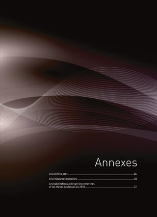 Annexes
                                                                                                                    Sommaire




Les chiffres-clés .............................................................................................66
Les ressources humaines ................................................................................70
Les habilitations à diriger les recherches
et les thèses soutenues en 2010 .....................................................................72
 