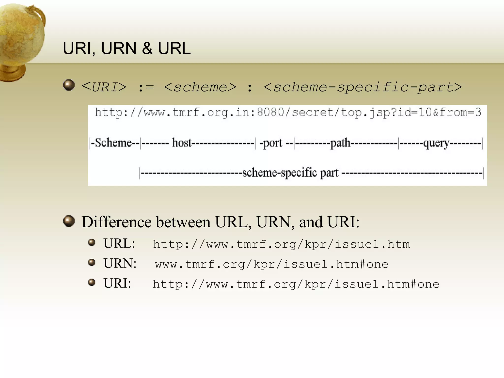 URI, URN & URL < URI > := < scheme>  : < scheme-specific-part > Difference between URL, URN, and URI:  URL:  http://www.tmrf.org/kpr/issue1.htm URN:  www.tmrf.org/kpr/issue1.htm#one URI:  http://www.tmrf.org/kpr/issue1.htm#one 